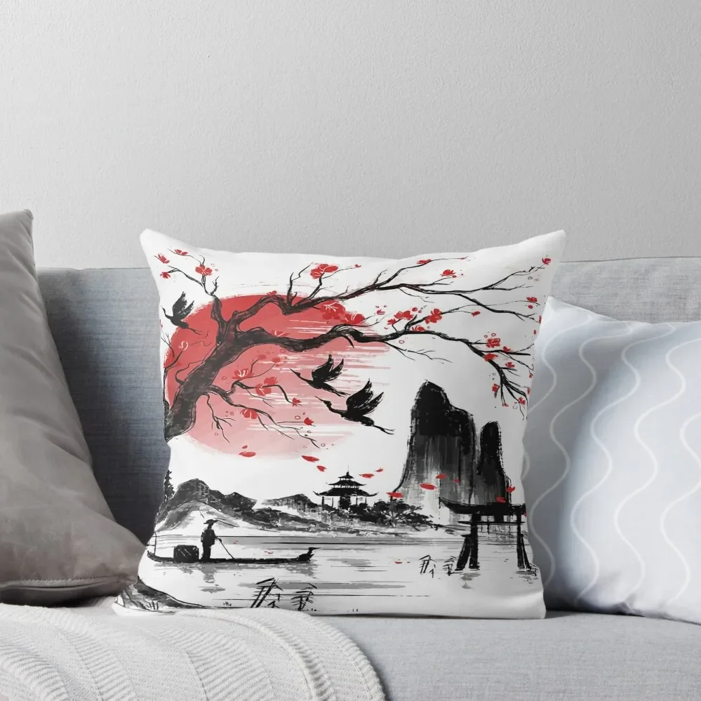 Japanese Tree Red Moon With Birds Flying in background Throw Pillow Bed pillowcases Pillow Covers Decorative pillow