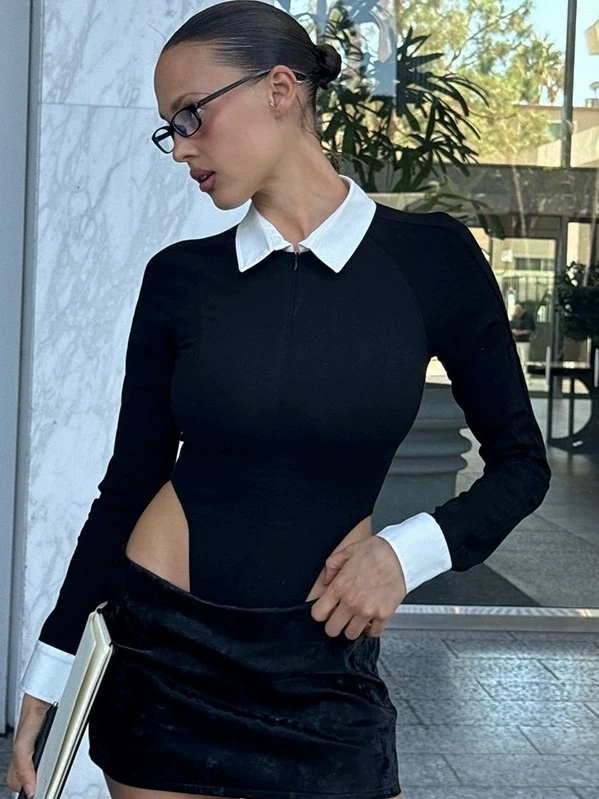 윌릴 스파이시 걸 가을 겨울 신상 슬림 롱 슬리브 섹시 타이트 여성용 컬러 블록 칼라 티셔츠