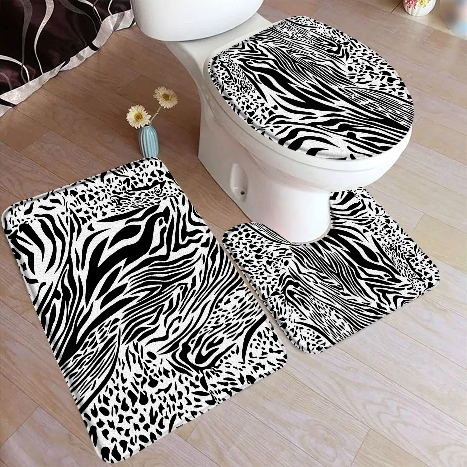 Black and White Leopard Print Bath Mat Set Zebra Animal Fur Texture Fashion Home Bathroom Decor Floor Rug U-Mat Toilet Lid Cover