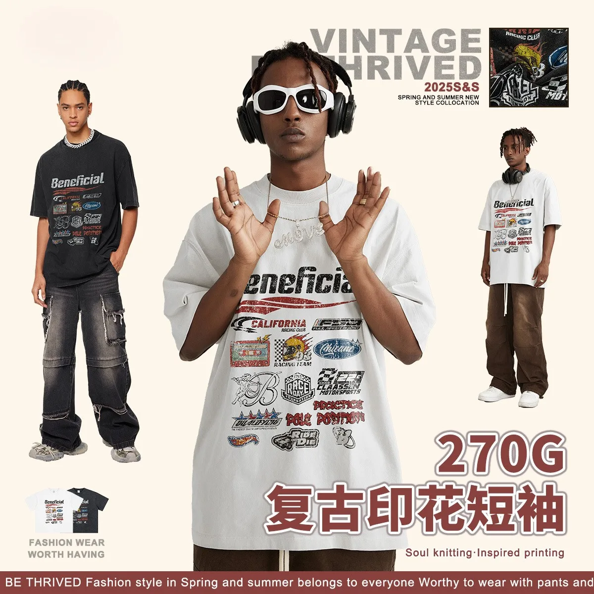 man clothes 270G Cotton Vintage Washed Beneficial Graphic T-Shirt Retro California Casual