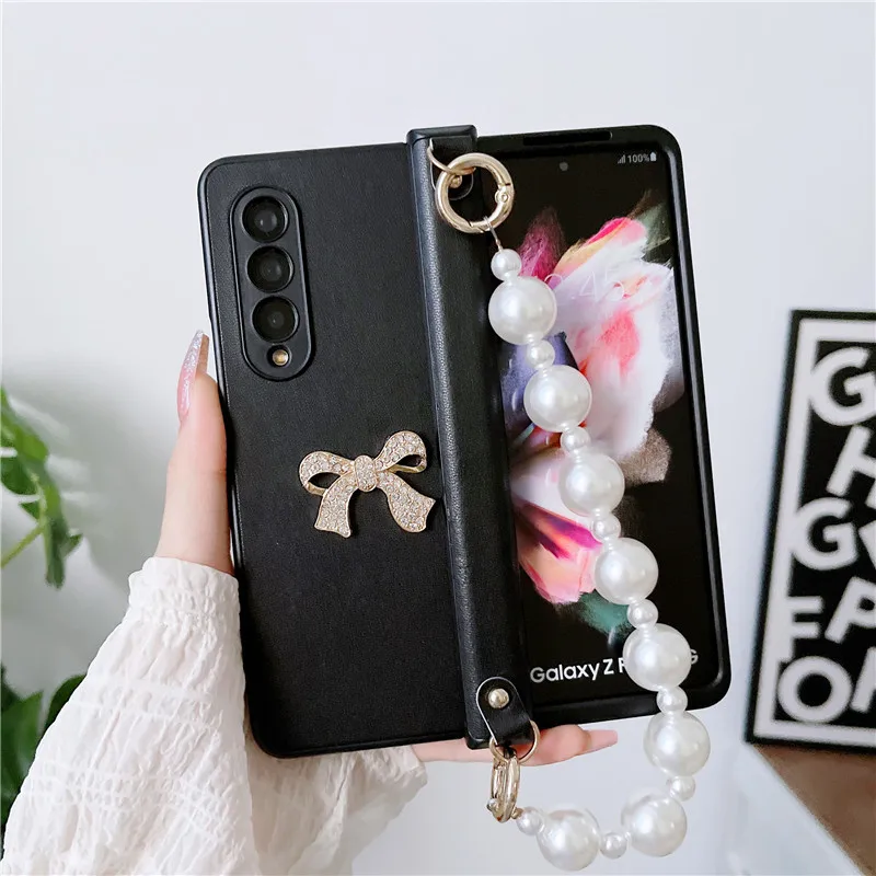 Z Fold4 Fashion Luxury DIY Bow Pearl Bracelet leather Case For Samsung Galaxy Z Fold 5 Case 5G For Galaxy Z Fold 4 Case Z Fold3