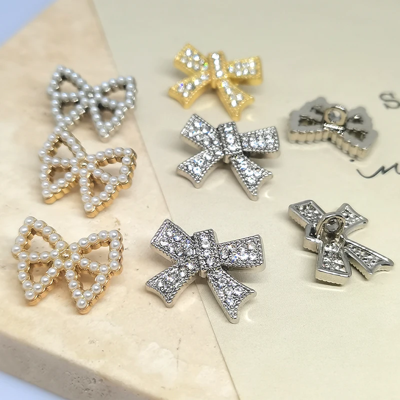 17/22MM Cute Bow Design Metal Buttons Of Clothing Wholesale 6Pcs Pearl Rhinestone Beaded Shank Button Sewing Accessories DIY