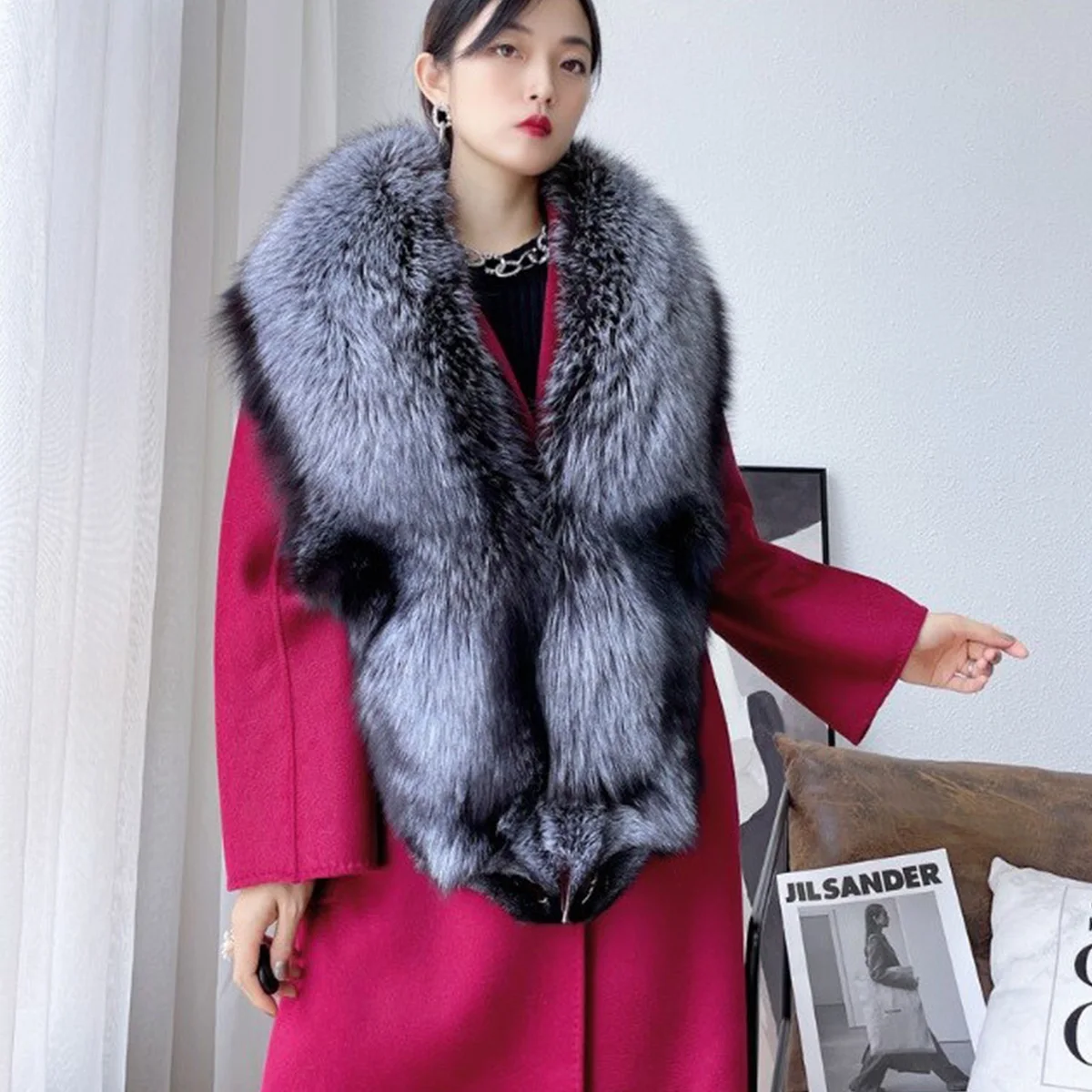 Genuine Leather Fox Fur Shawl With Fox Fur Collar Women's Genuine Leather Fur Shawl New Arrival Women's Shawl