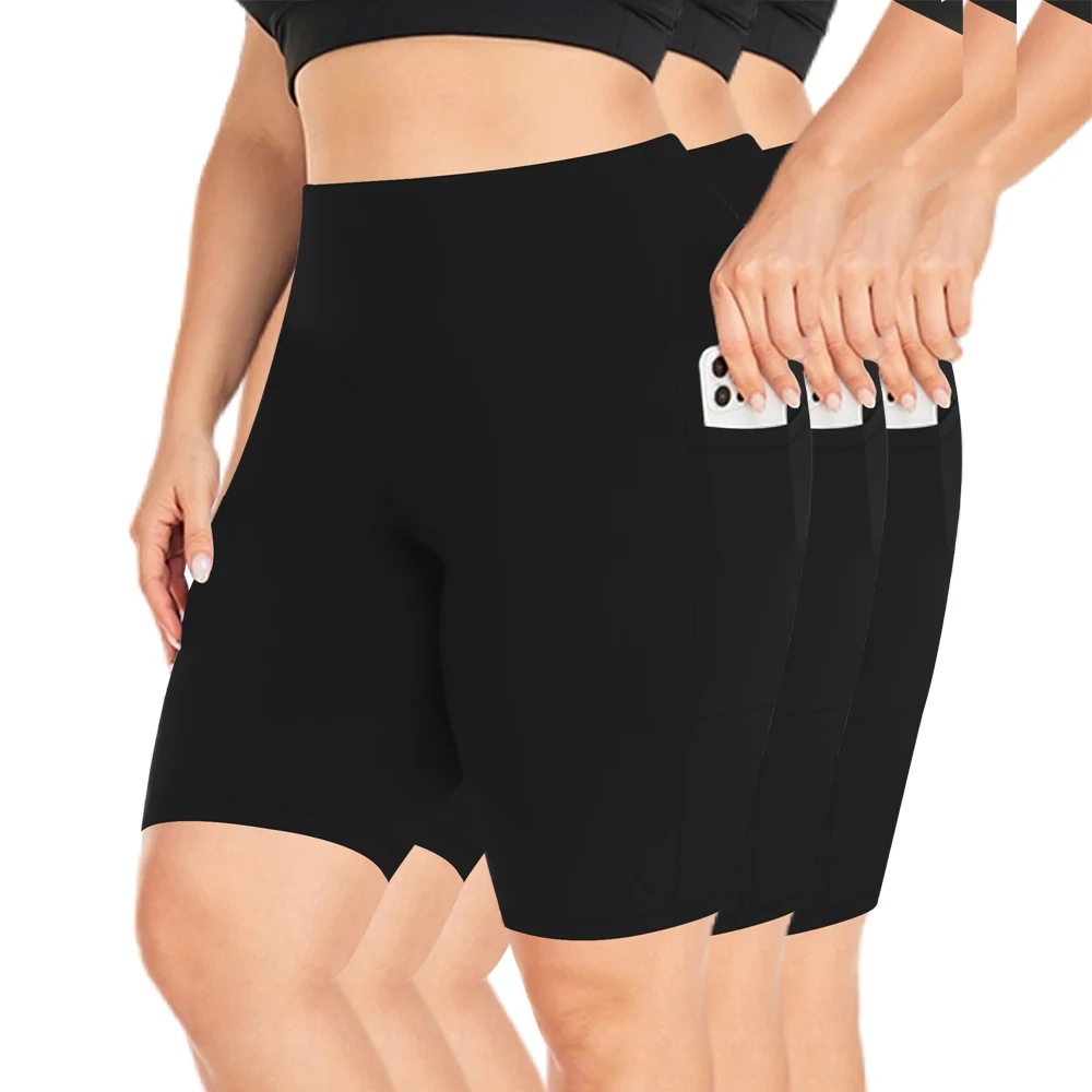 Plus-size 3 Pack High Waisted Workout Shorts For Women Yoga Biker Shorts Two Side Pockets