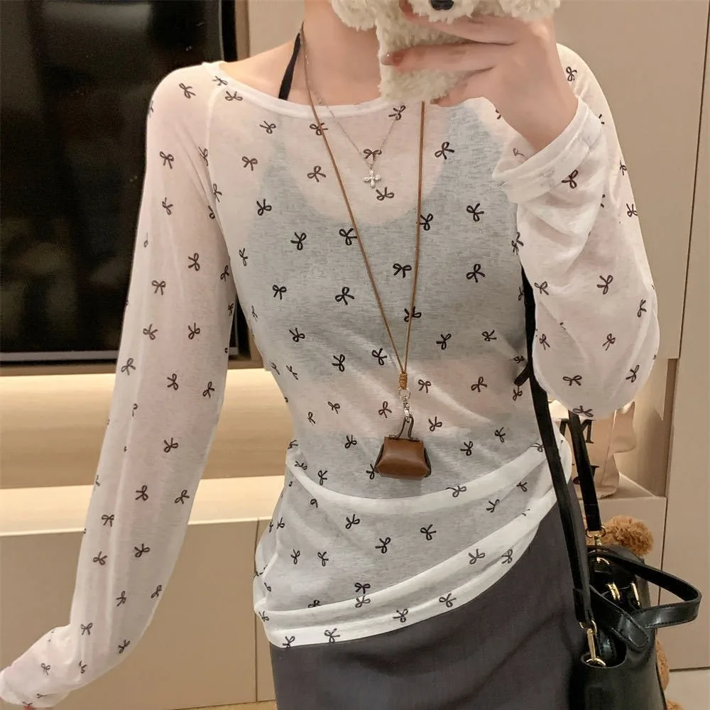 Sweet Bow Print Off Shoulder Blouse Long Sleeve Mesh Sheer Shirt Sun Protection Slim Fit Y2K Beach Tops