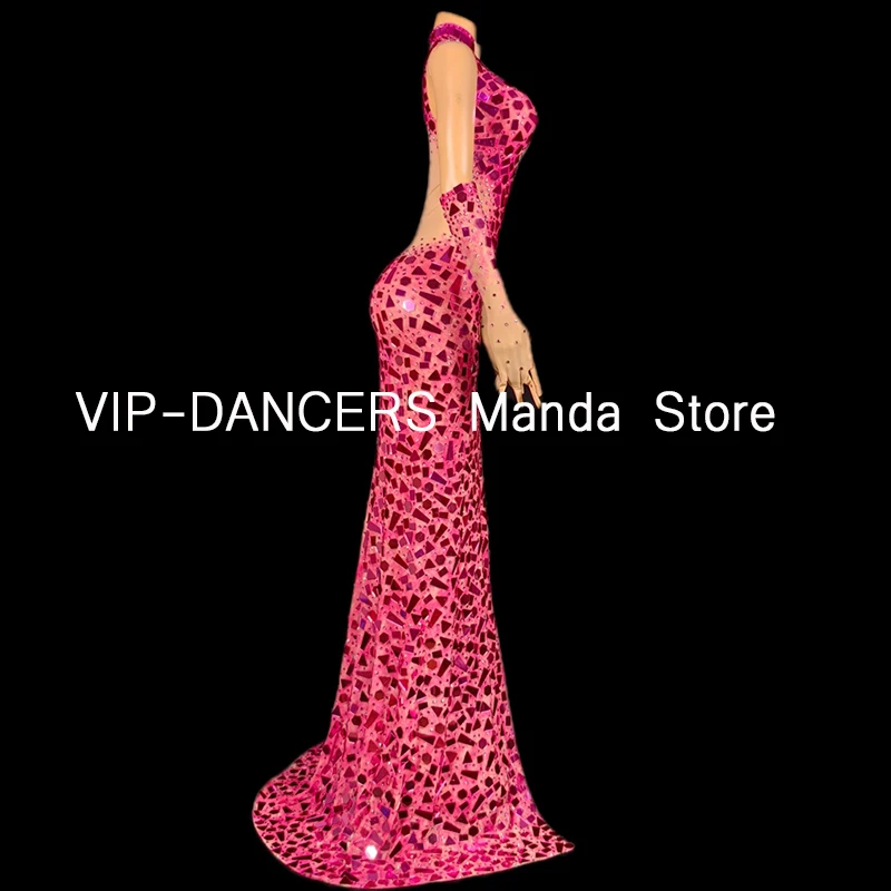 Pink Party Dresses For Women Luxury Elegant Floor-Length Dress Dancehall Queen Outfit Glitter Nightclub Gogo Dancer Wear VDL409