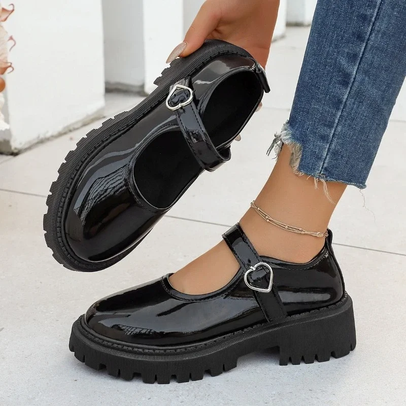 *Newly Solid Color Comfortable Buckle Round Toe High Heels Four Season Fashionable Elegant Casual Coarse Heeled Women's Shoes
