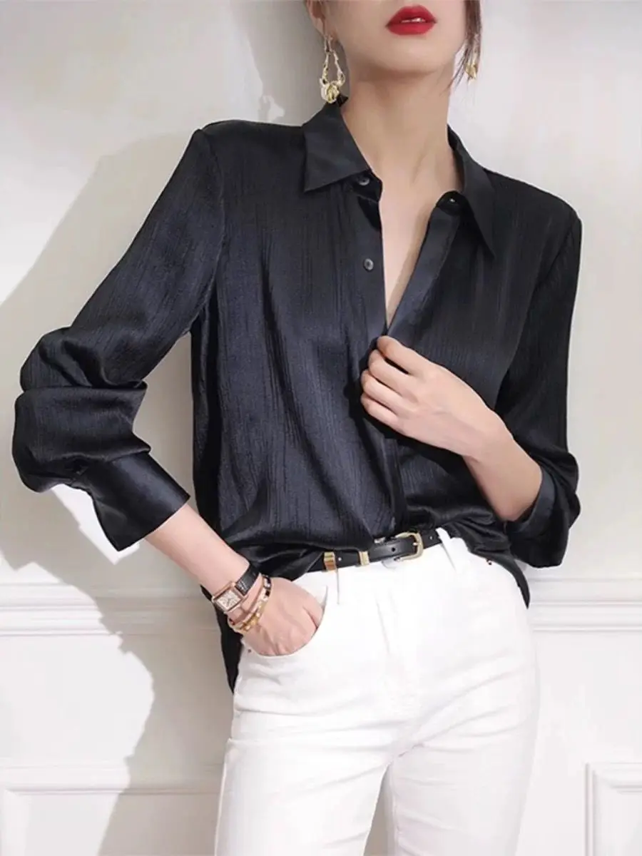 French 2024 Autumn New Style Temperament High-end Satin Texture Acetate High-end Loose Long Sleeved Shirt Top