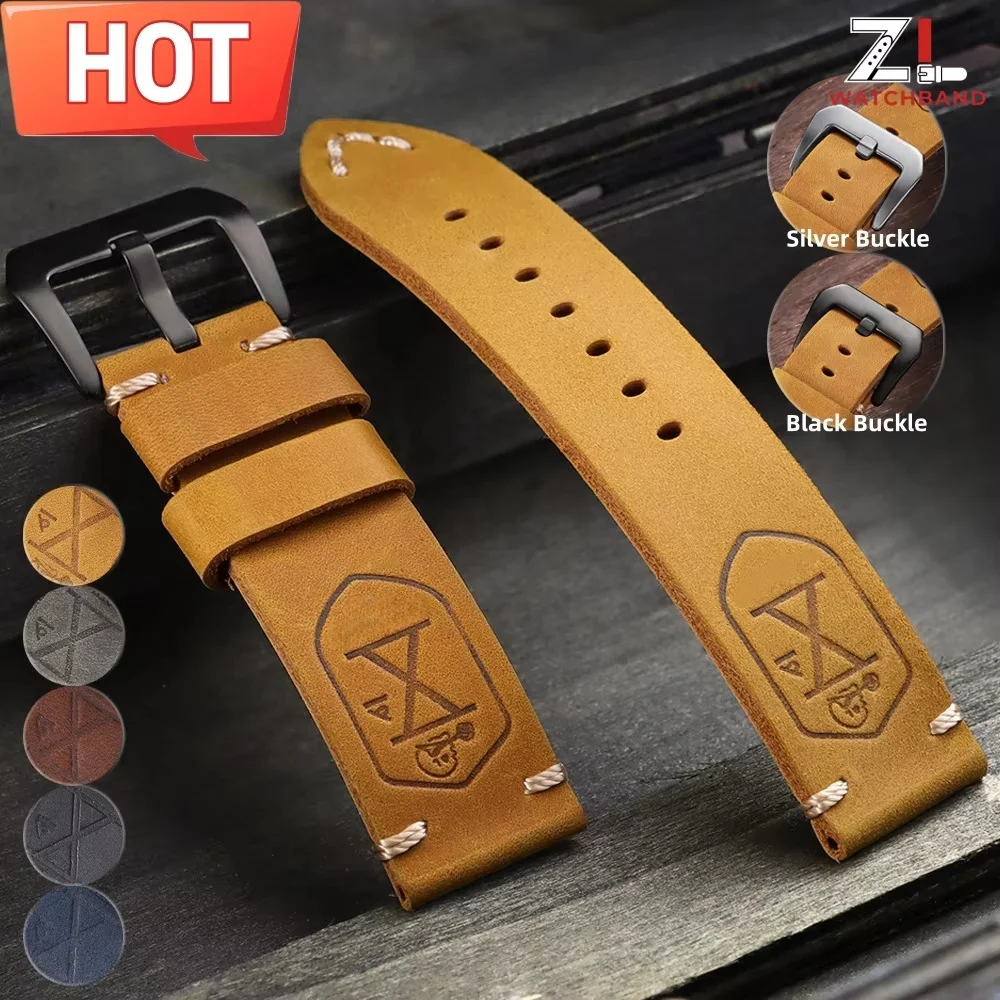 Handmade Top Layer Cowhide Watchband 20 22 24 26mm Black Brown Male Leather Thickening Strap for Panerai Series Retro Style