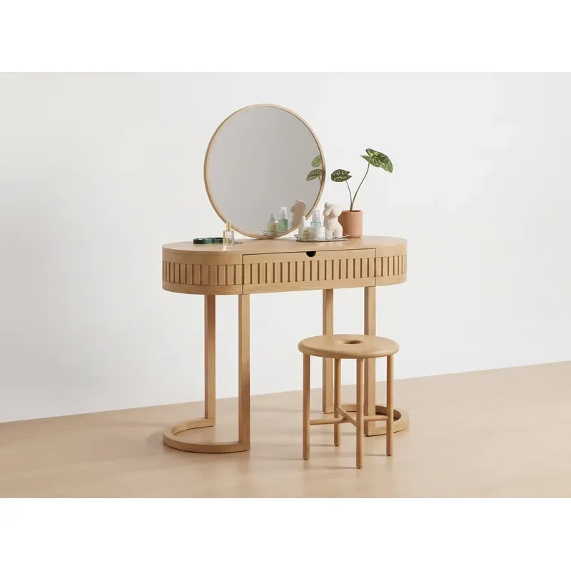 Modern-style grooved wooden dresser with stand-up illuminated mirror and storage drawers for bedroom use and hotel decor
