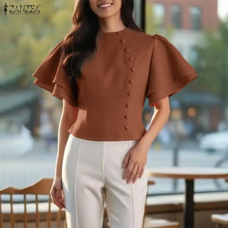 

Женская блузка ZANZEA: модная, с коротким рукавом, с оборками, летняя, повседневная, свободного кроя, однотонная, для улицы, элегантная, офисная