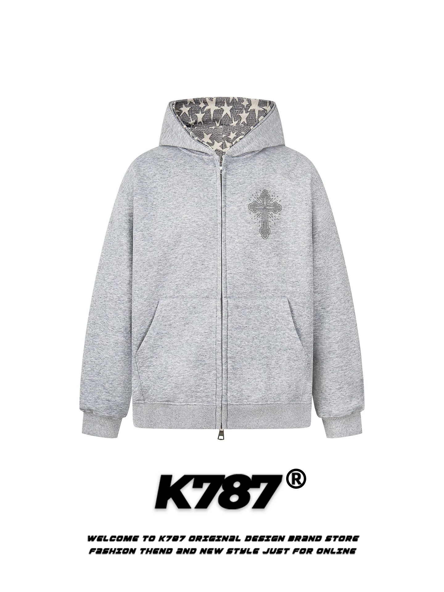 K787 Felpa con cappuccio incrociata con strass retrò americano ex sciolto casual versatile coppia Jaet autunno lungo chiusura con cerniera