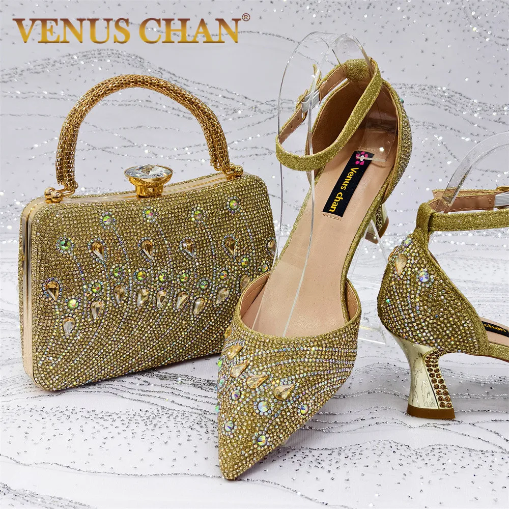 

Venus Chan Элегантный итальянский комплект на высоком каблуке со стразами и универсальной сумкой для вечеринок для женщин — идеально подходит для особых случаев