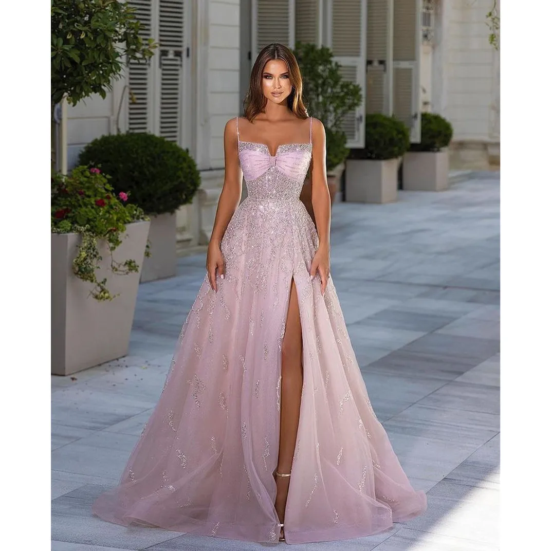 Pink Evening Dresses V Neck Sleeveless Spaghetti Straps Sequins Beaded Shiny Lace Appliques Side Slit Prom Dresses Custom Made