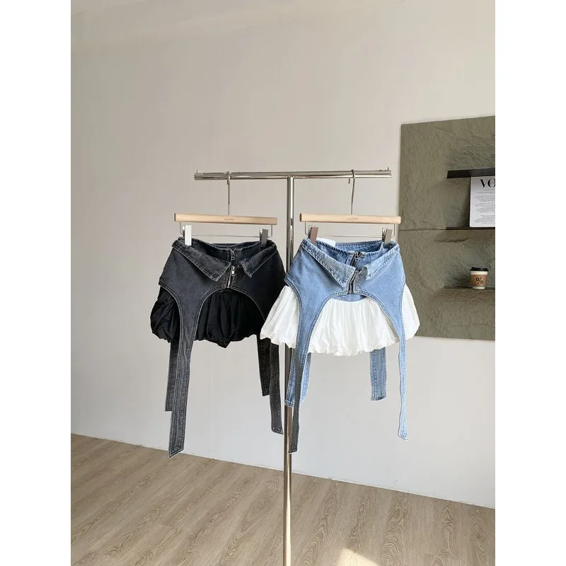 Short Skirt Woman Summer Retro Sense of Design High-waisted Cowboy Comfortable Brief Leisure Minority Individuality Patchwork