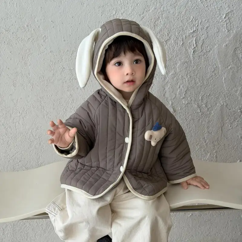 2026 Winter New Baby Cotton Padded Jacket Boys Cute Cartoon Hooded Coat Plus Velvet Thick Infant Toddler Quilted Cotton Coat
