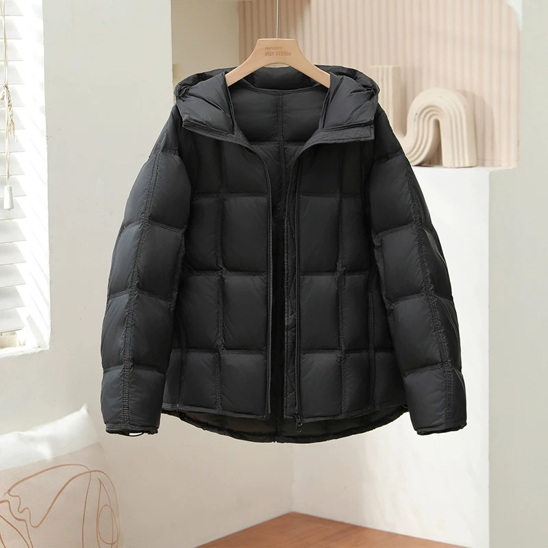 レディース新作フード付きホワイトダックダウンジャケット2025冬韓国版ゆったりショート厚手パフダウンコート女性無地カジュアルコート