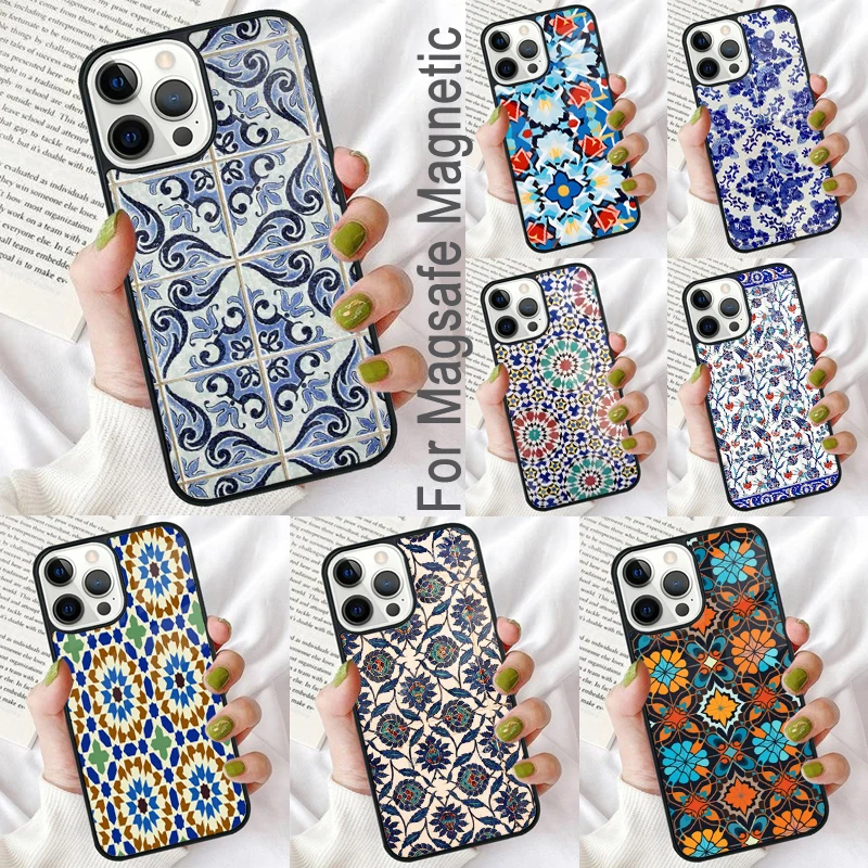 Moroccan Mosai Tile Pattern Magnetic Soft Phone Case for iPhone 16 Promax 15 Pro 13 14 Plus 11 12 Mini MagSafe Coque