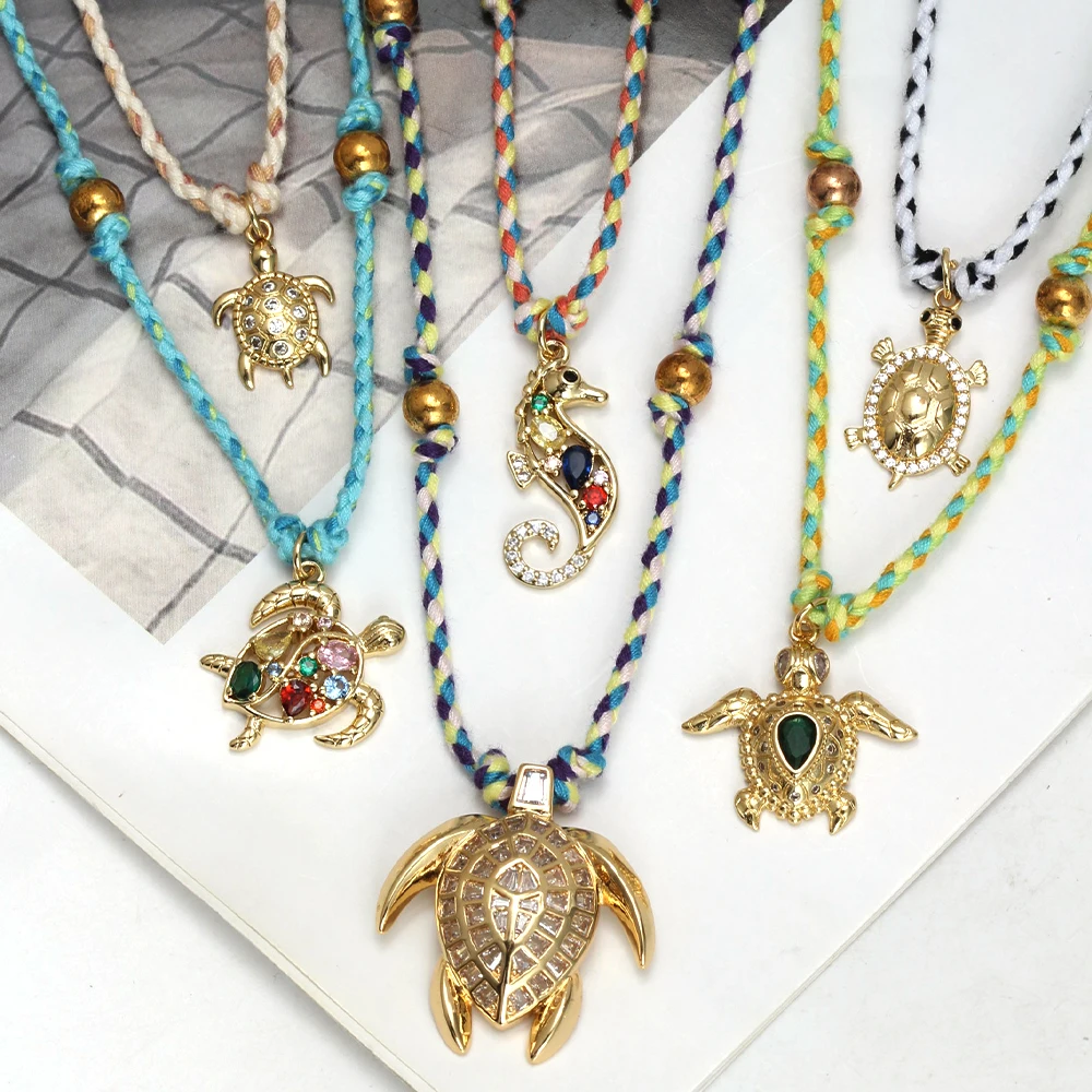 18K Gold Plated Zircon Turtle Seahorse Pendant Necklace for Women and Men Hand Knitted Sweater Amulet Party Summer Beach Gift