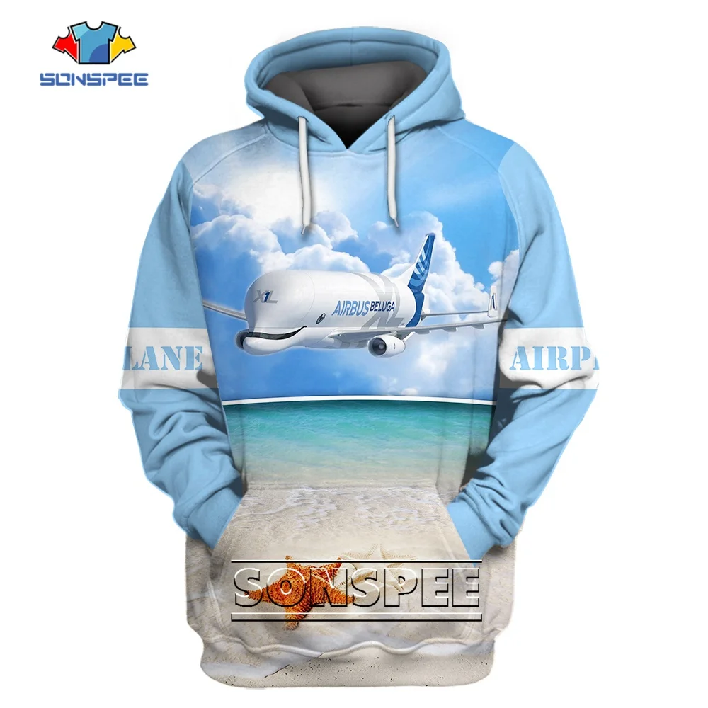 SONSPEE Airplane Flight Engineering 3D Print Hoodie Men Women Seaside Scenery Image Pullover Clothing Starfish Long Sleeve Tops