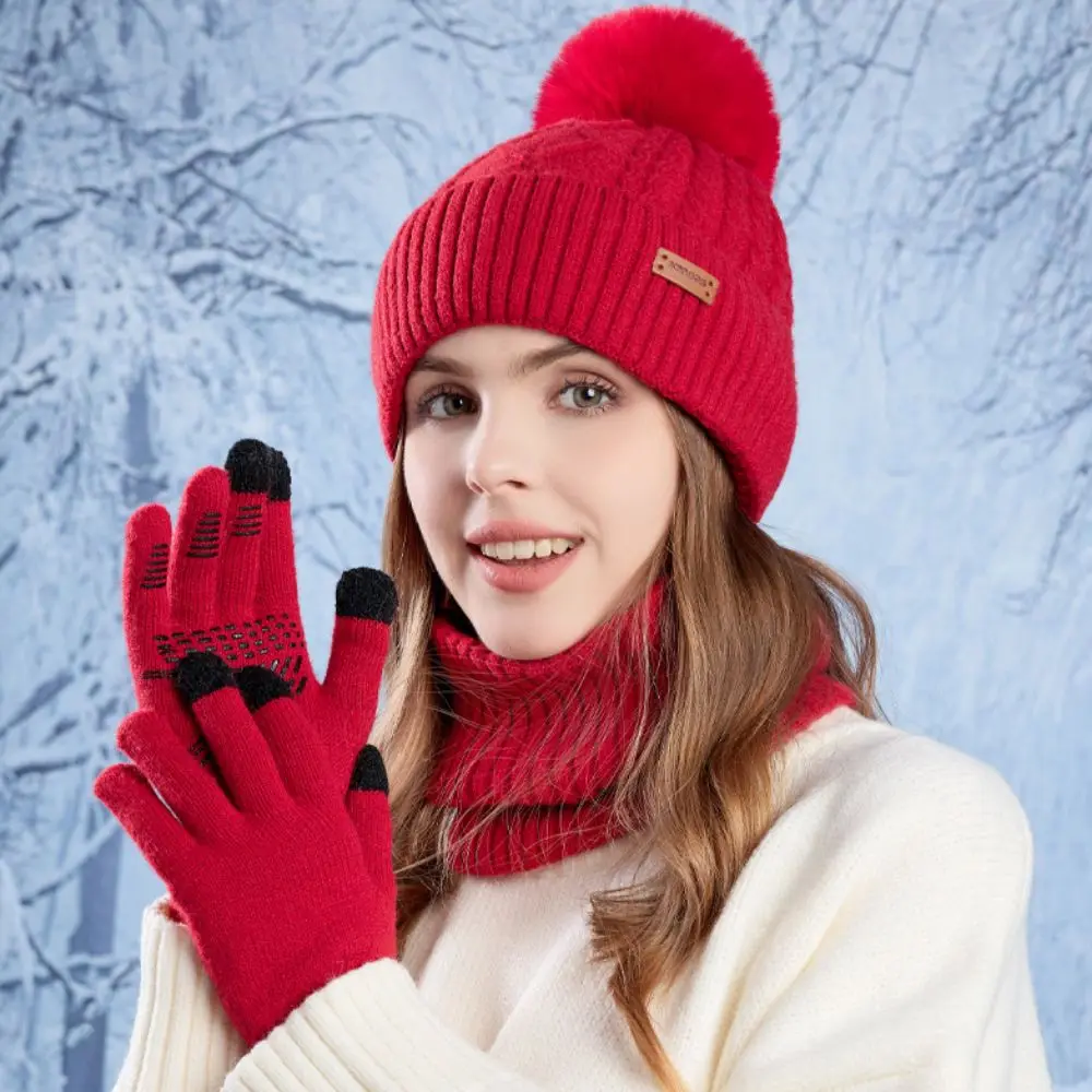 3pcs Solid Color Hat Scarf Gloves Set Wool Thicken Thermal Knit Cap Fleece Lined Thermal Protection Winter Beanie Hat