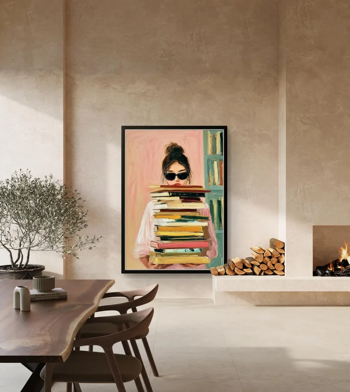 Chic Book Lover with Sunglasses WALL ART PRINT DECOR – Soft Pink Palette Cozy Literary Painting, a Stylish Statement Piece for H