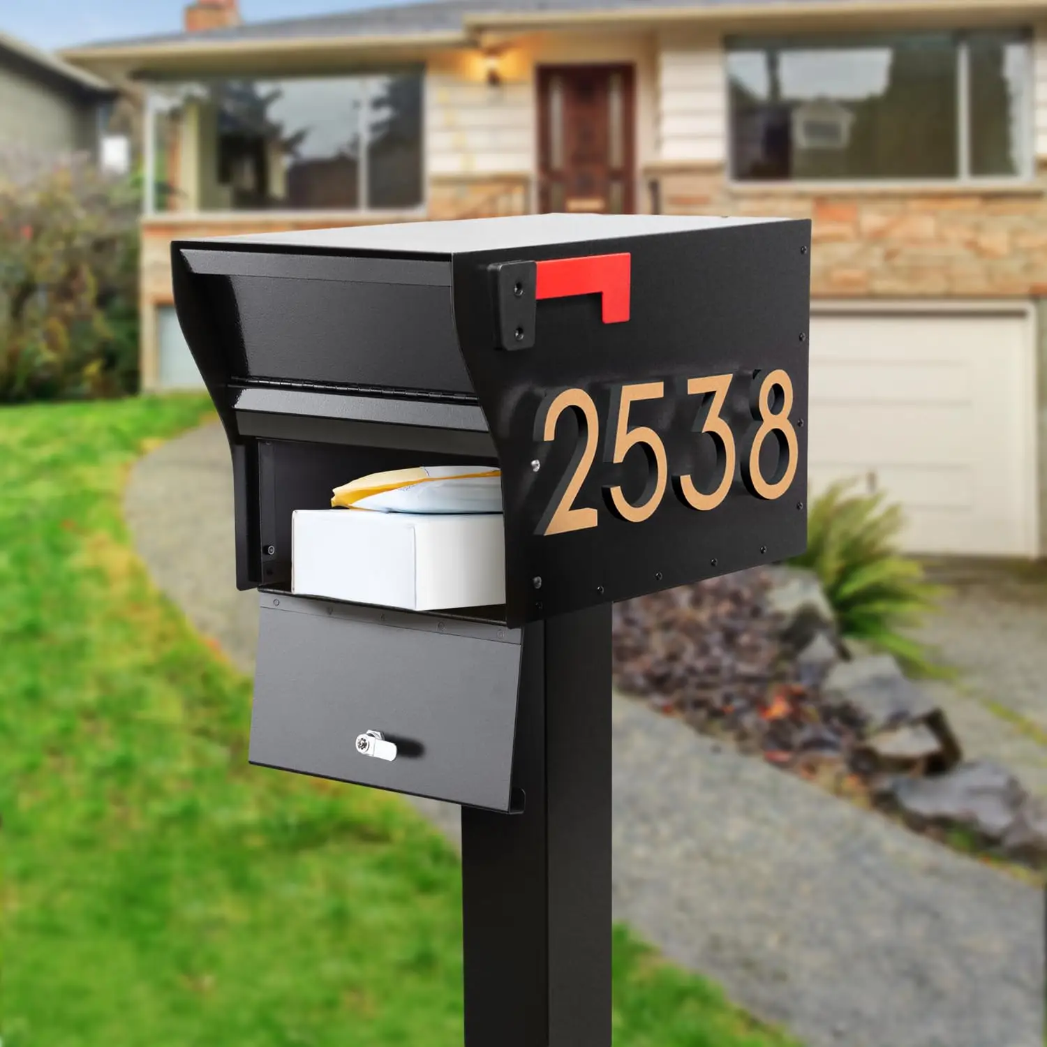 MailVault Streetside Locking Mailbox with Post, Personalize with Modern Stand-Off Address Numbers Package – Steel
