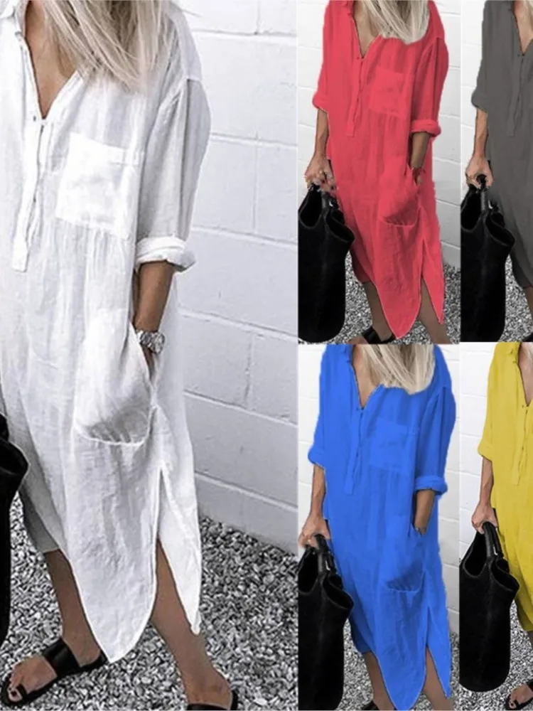 El nuevo vestido camisero con abertura de Color sólido, moda de otoño para mujer, vestido camisero sencillo holgado largo con botones y bolsillos, ropa informal femenina