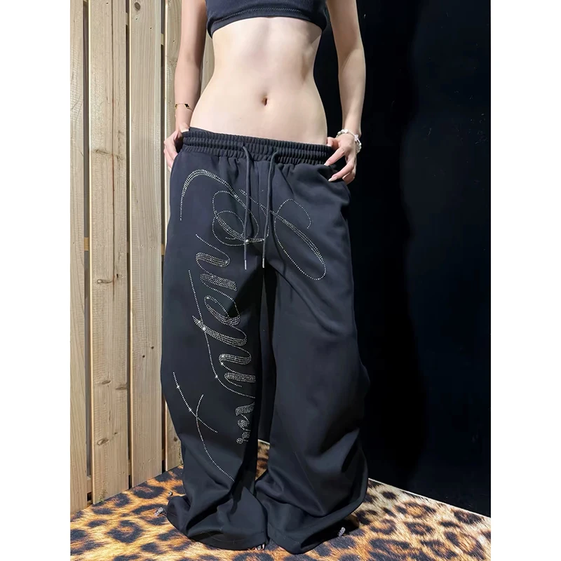 YIBASHU Women Black Letter Print Pants Harajuku Baggy Sweatpants 2000s Y2k Vintage Streetwear Japanese Wide Leg Trousers Clothes
