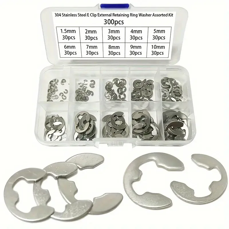 300PCS 304 Stainless Steel E Shape Open Spring Clip C Shape Retaining Ring Assortment