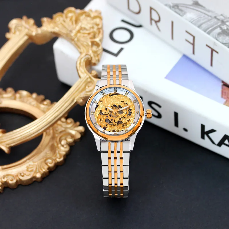 

Женские полностью автоматические механические часы в деловом стиле из розового золота и серебра со стальным ремешком, высококачественные резные Феникс