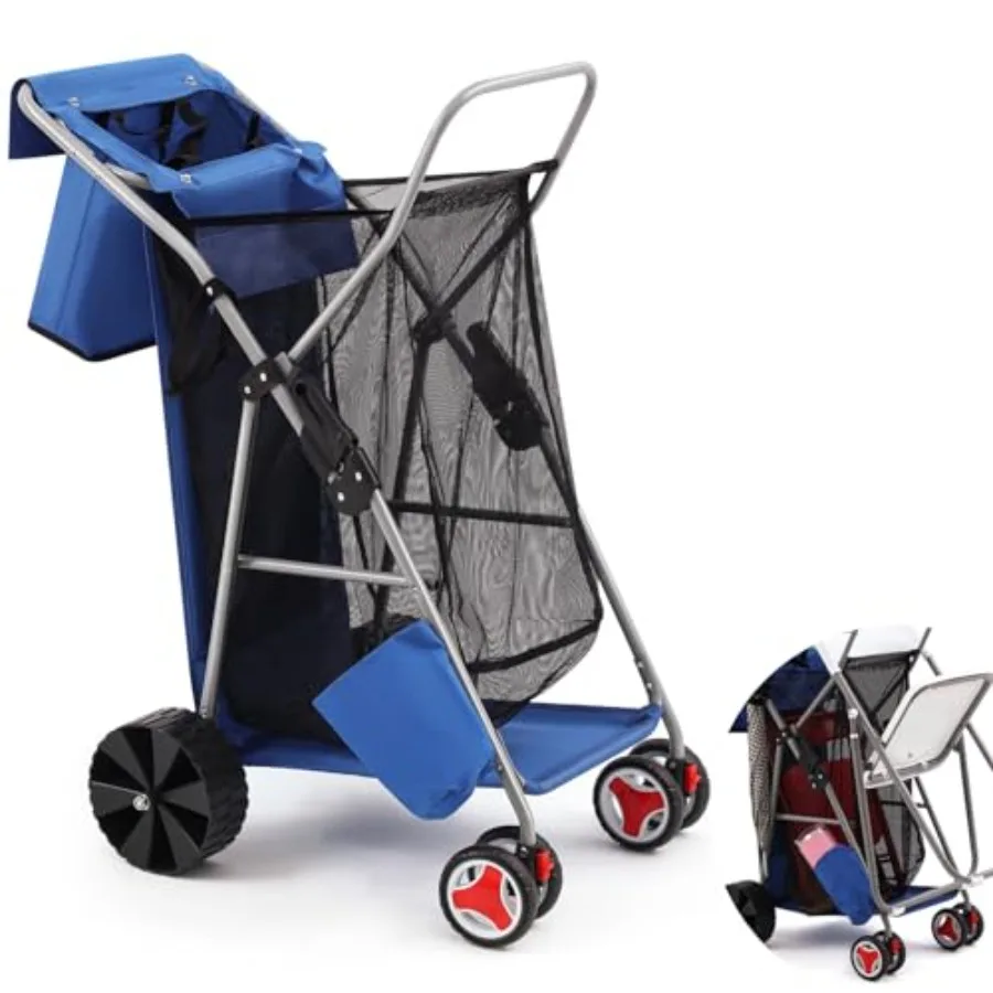 

Beach Cart for Sand, Aluminum Frame, Black, Foldable with Wide Wheels, Body Board Holder Removable Tote