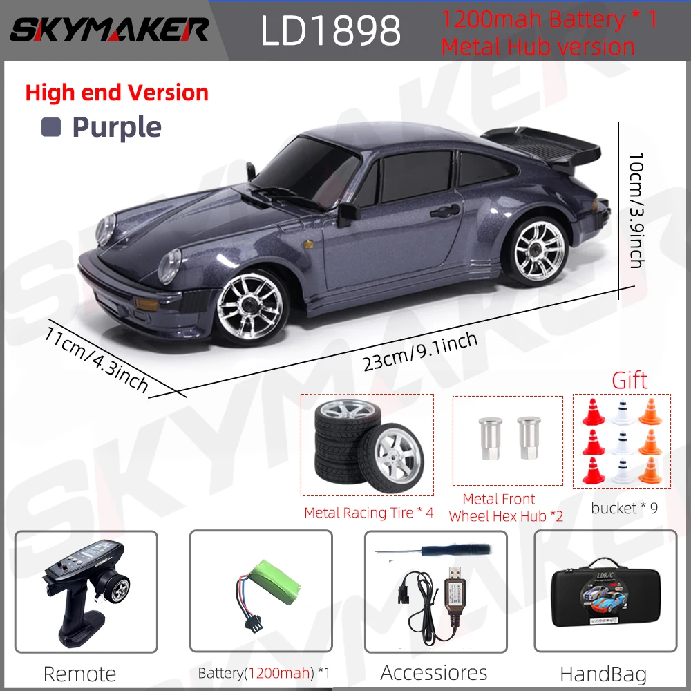 Skymaker LDRC 1/18 RC Drift Auto LD1898 911 Modus 2,4 GHz met Gyroscoop on-Road Legering Body Shell Racewagen voor Kinderen Geschenken