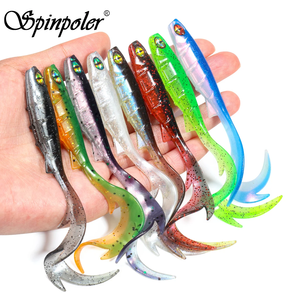 Spinpoler Fireflow Soft Fishing Lure Silicone Grub Wrom 8.5cm 3d Eyes Rib Body Long Wavy Tail Swimbait Bass Sea Trout 10pcs/Pack