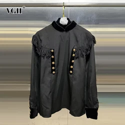 VGH Patchwork Tassels Solid Shirts For Women Stand Collar Long Sleeve Spliced Button Temeprament Slimming Blouse Female Fashion