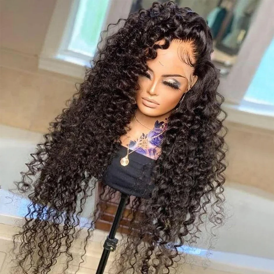 Preplucked Soft 26Inch Long Black Kinky Curly 180Density Synthetic Deep Lace Front Wig For African Women Babyhair Daily Cosplay