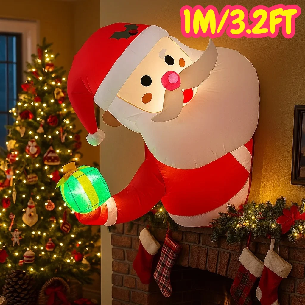 Papá Noel inflable de 1M/3,2 pies con luces LED de regalo, juguetes de decoración para el hogar, adornos navideños para patio, decoración de iluminación exterior para vacaciones