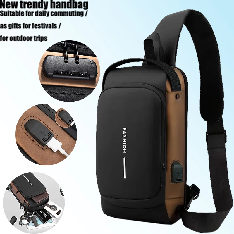 Diebstahlsichere Brusttasche für Herren mit Zahlenschloss, USB-Ladeanschluss, wasserdicht, als Umhängetasche oder Schultertasche für den täglichen Gebrauch. – Detail 2