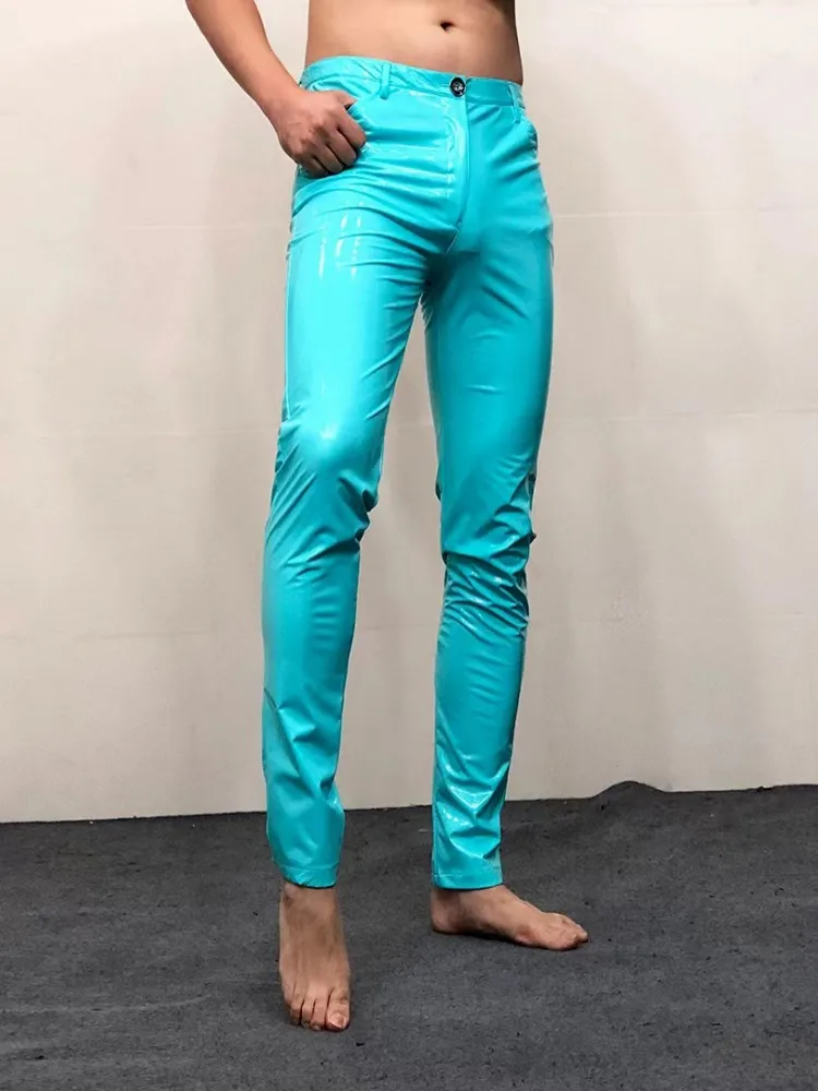 Sexy Men Night Clubwear Stretchy Skinny Pencil Pants Mirror Smooth Faux Patent Leather Trousers Plus Size 6XL PU Leather Pants