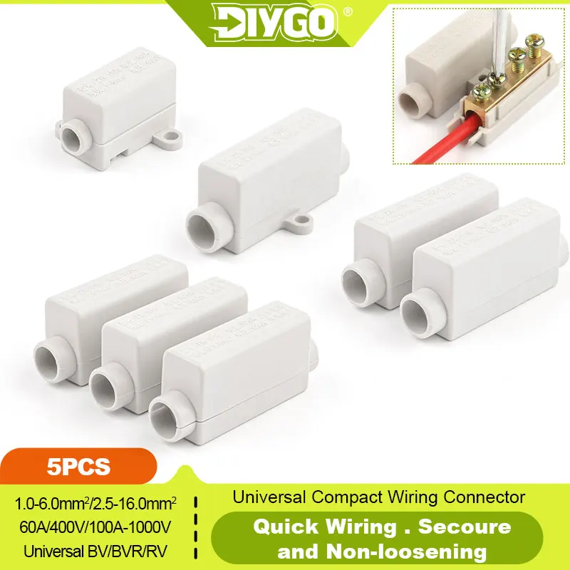 DIY GO 5PCS Butt Wire Connector 60A/400A 1-6mm2 Cable Electrical Splicing Terminals High Power 100A/1000V 2.5-16mm2 Junction Box