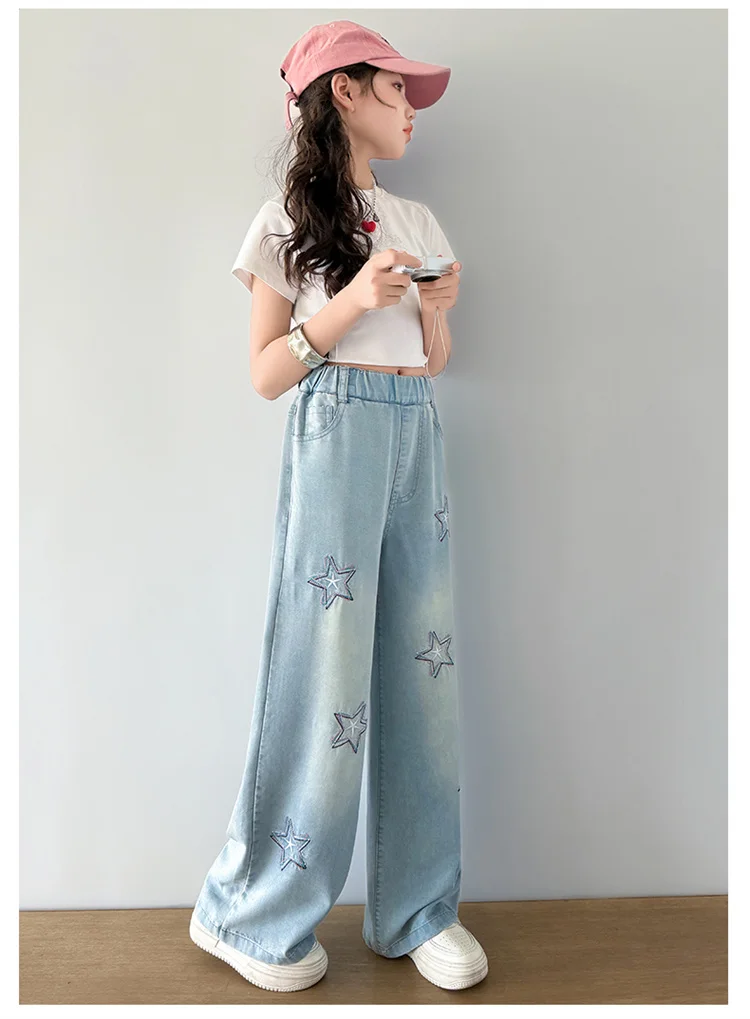 Jeans für Teenager-Mädchen mit Stern-Stickerei, Sommerliche Casual-Mode, Kinder-Jeans mit weitem Bein, Dünne Leichte Schulhosen aus Denim – Detail 3