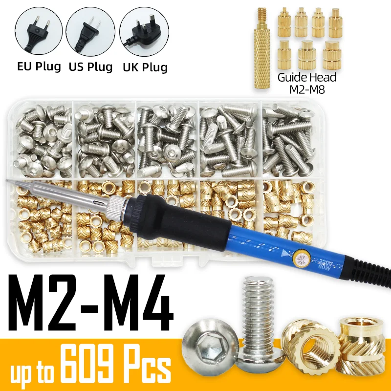 

Heat Set Brass Hot Melt Insert Nut and Stainless Steel Screw Electric 60W Soldering Iron Tip Set Injection Embedment Nuts Bolts