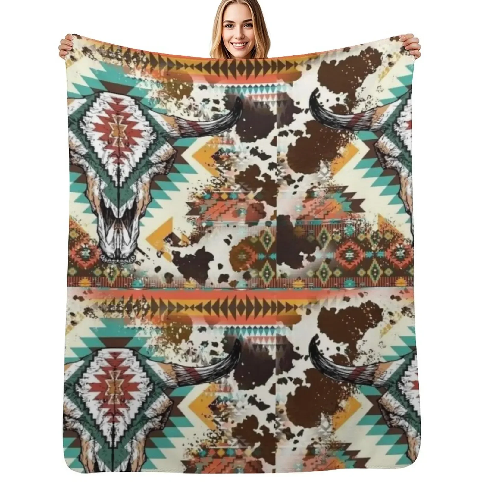 

Aztec Cow Print Bull Skull Throw Blanket Nap Soft Beds Luxury Brand Travel Blanket