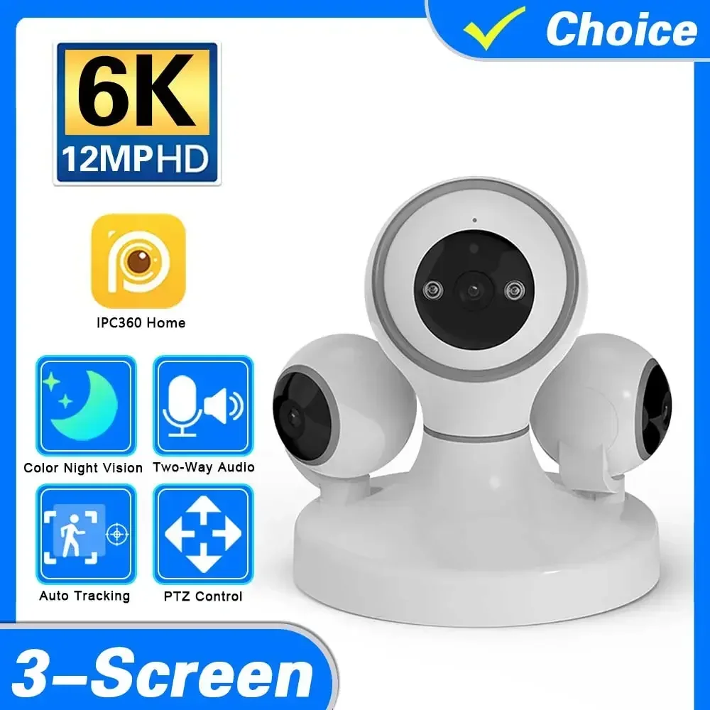 

12MP WiFi Surveillance Camera Three Lens Three Screens Indoor Wireless 360° HD Video Security IP Cameras Smart Home Baby Monitor