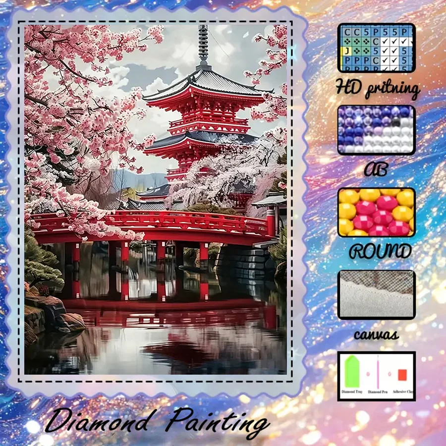 1 Stück - 5D-DIY - Beflockter Stoff - Spezialbohrer - Diamantmalerei-Set - Sakura, Tempel - Mosaik - Diamantkunst