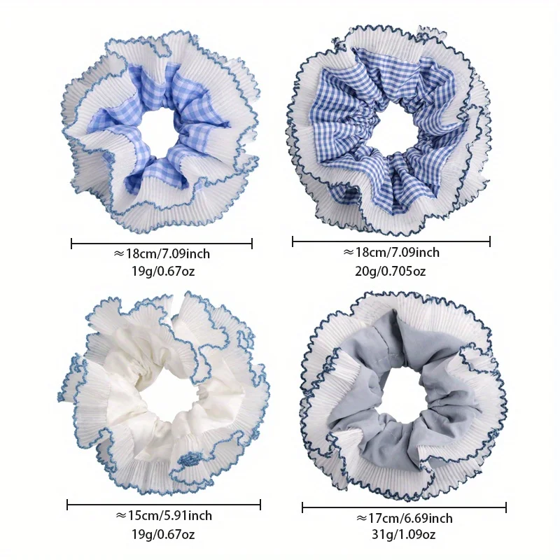 Lazo para el pelo con lazo a cuadros azules, moño con ribete de encaje de doble capa y diadema con cola de caballo, accesorio para el cabello dulce y fresco