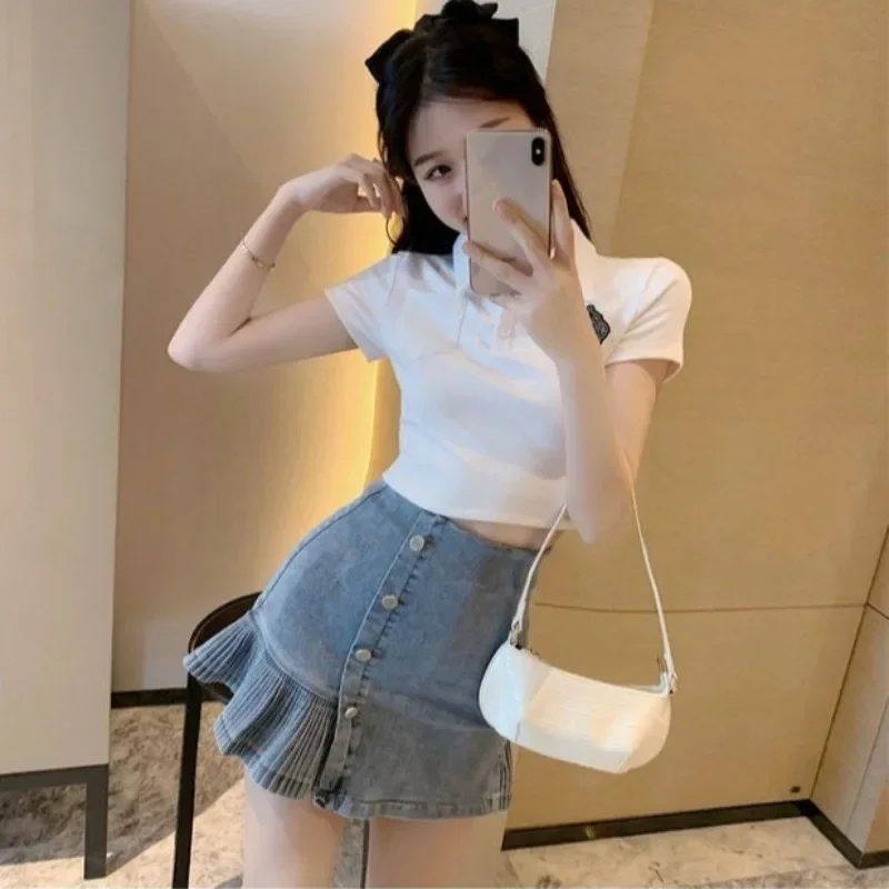 Short Sleeve Denim Mini Female Outfits Sexy Cotton Skirt Night Club Women\'s Two Piece Set Formal Event New Matching Occasion