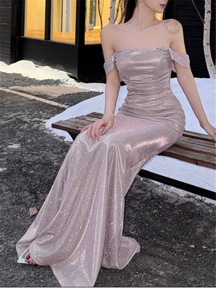 Elegant Stunning Pink Blingbling Sparkling Evening Party Long Dress Glitter Sexy Slash Neck Off Shoulder Bodycon Birthday Dress