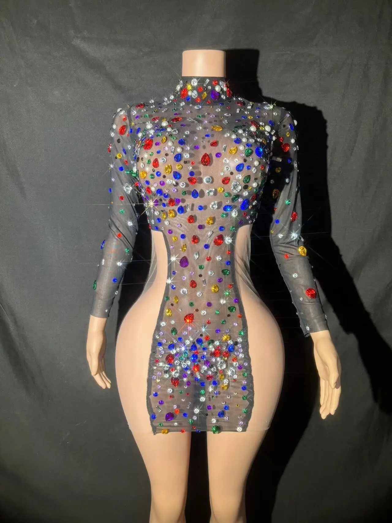 Mini robe fourreau transparente avec biscuits colorés, velours noir, tenue de scène personnalisée, robe de soirée d'anniversaire, robe de performance sexy