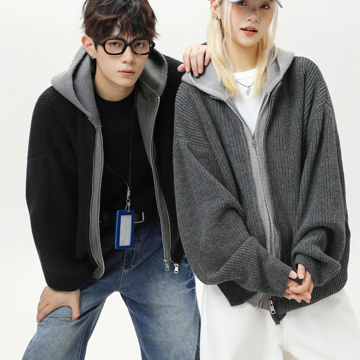 

Женский и мужской вязаный кардиган, свитера, однотонные джемперы на молнии, искусственный слой с капюшоном и длинными рукавами, свободная повседневная уличная одежда, осень-зима